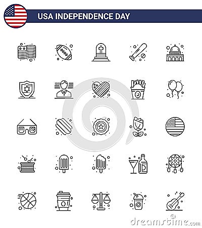 USA Independence Day Line Set of 25 USA Pictograms of madison; usa; grave; sports; baseball Vector Illustration