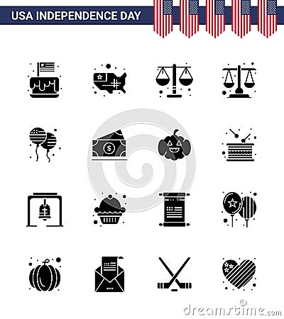 Editable Vector Solid Glyph Pack of USA Day 16 Simple Solid Glyphs of dollar; fly; usa; bloons; scale Vector Illustration