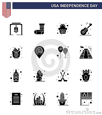 Editable Vector Solid Glyph Pack of USA Day 16 Simple Solid Glyphs of food; american; cake; usa; guiter Vector Illustration