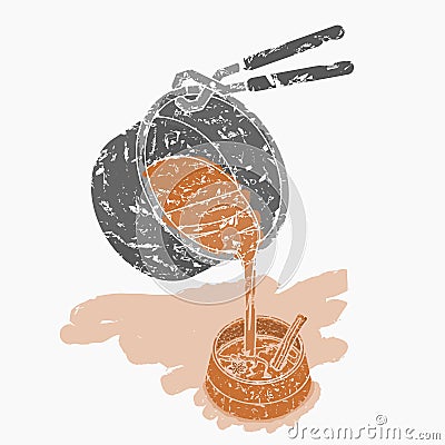 Brush Strokes Style Pouring Masala Chai from Saucepan into Cup Vector Illustration Vector Illustration