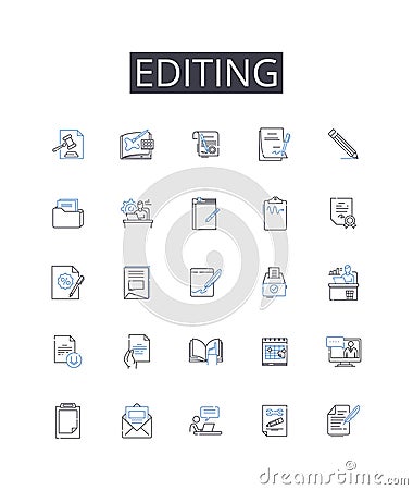 Editing line icons collection. Proofreading, Reviewing, Touch-up, Polishing, Revising, Refining, Correcting vector and Vector Illustration