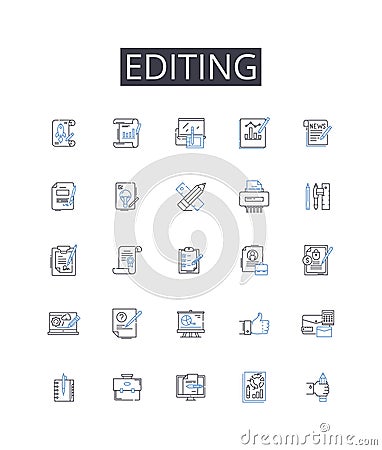 Editing line icons collection. Proofreading, Reviewing, Touch-up, Polishing, Revising, Refining, Correcting vector and Vector Illustration