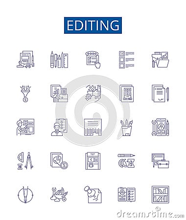 Editing line icons signs set. Design collection of Edit, Revise, Modify, Adjust, Tweak, Refine, Polish, Correct outline Vector Illustration
