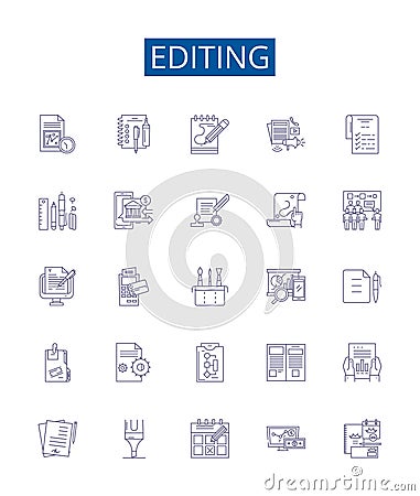 Editing line icons signs set. Design collection of Edit, Revise, Modify, Adjust, Tweak, Refine, Polish, Correct outline Vector Illustration