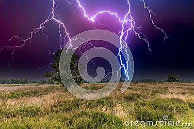 Editing of the natural landscape BalloÃ«rveld with very heavy thunderstorms and violent lightning Stock Photo
