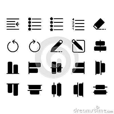 Editing text icon set include indent,bullet,numbering,list,eraser,undo,pen, pencil,draw,compose,write,bottom,distribute,top,select Vector Illustration
