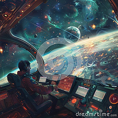 An editor aboard a spaceship, editing documents while navigating through the cosmos generated by AI Stock Photo