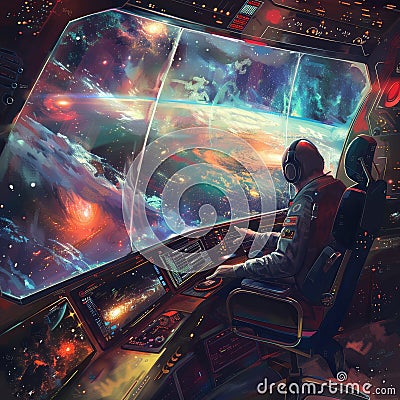 An editor aboard a spaceship, editing documents while navigating through the cosmos generated by AI Stock Photo
