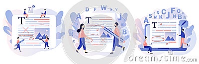 Editor and copywriting services. Tiny people copywriters checking grammar and spelling document page. Online editing Vector Illustration