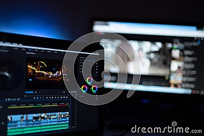 Editor display video editing color grading to upload content on social media or worldwide Stock Photo