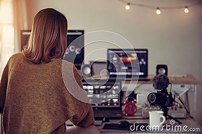 Editor video woman working with footage video Stock Photo