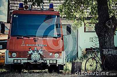 Brebu, Romania - July 19, 2012: Old fire vehicle in Brebu, small village in south-western region of Romania, Banat Editorial Stock Photo