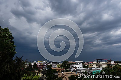 EDITORIAL DATED-26th april 2020 LOCATION- Dehradun Uttarakhand India. a wide angle shot of heavily overcast sky during monsoon in Editorial Stock Photo