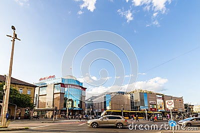 Editorial, Glass front of Mammut Shopping Mall, Kalman ter square, landscape wide angle, Budapest Hungary Editorial Stock Photo