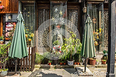 Happy decor facade of cafe in small town in China. Editorial Stock Photo