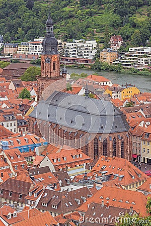 Looking down at the church of the Holy Sprit in Heidelberg Editorial Stock Photo