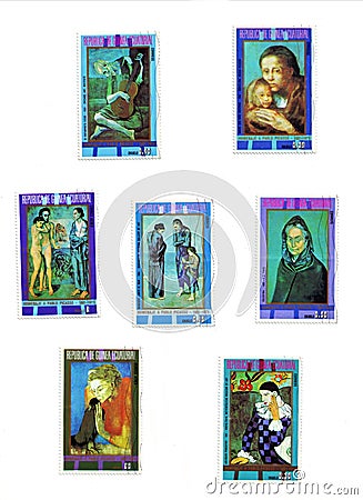 Editorial image: a collection of stamps from 1973 printings of Pablo Picasso art Editorial Stock Photo