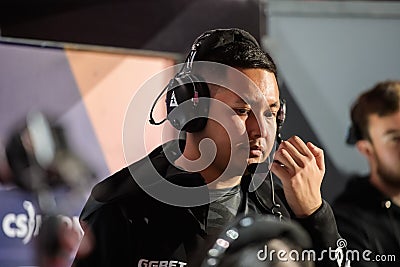 MOSCOW, RUSSIA - 14th SEPTEMBER 2019: esports event of a Counter-Strike game. Coach of a team Avangar inside a players Editorial Stock Photo