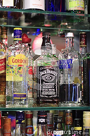 Editorial image of some alcohol bottles in a row, Editorial Stock Photo