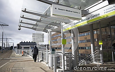 Queen`s Medical Centre tram stop. Nottingham, England. 17 February 2020. Editorial Stock Photo