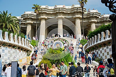 Editorial. May 2018. Barcelona, Spain. Main staircase at the entrance in Guell Park, architect Gaudi Editorial Stock Photo