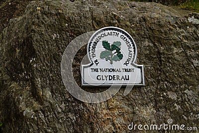 Editorial, National Trust Sign for Glyderau, Ogwen Cottage, Nant Ffrancon Pass, Snowdonia, North Wales Editorial Stock Photo