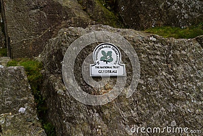 Editorial, National Trust Sign for Glyderau, Ogwen Cottage, Nant Ffrancon Pass, Snowdonia, North Wales, landscape Editorial Stock Photo