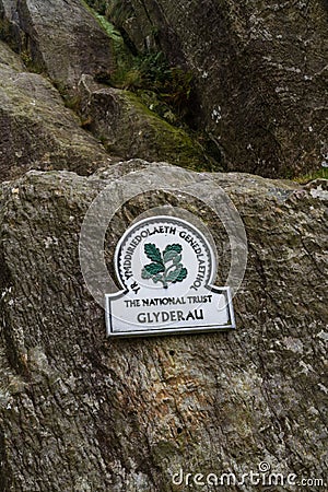Editorial, National Trust Sign for Glyderau, Ogwen Cottage, Nant Ffrancon Pass, Snowdonia, North Wales, landscape Editorial Stock Photo