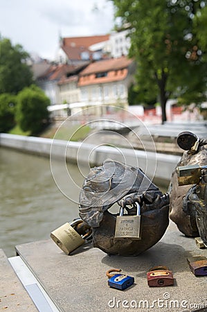 Editorial padlocks fish art work on Butcher's Bridge Ljubljanica Editorial Stock Photo