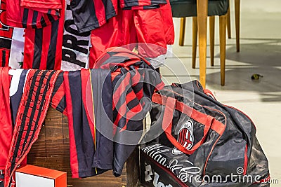 EDITORIAL scarves and clothing of Serie A football teams in antique fair Editorial Stock Photo