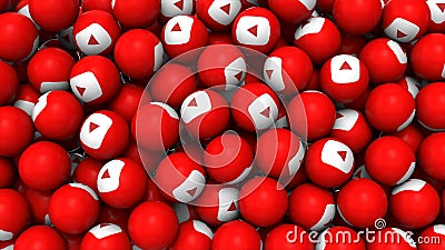 Editorial shot: filled screen 3D rendering red balls with icon button play. Public social network YouTube. Round sphere Editorial Stock Photo