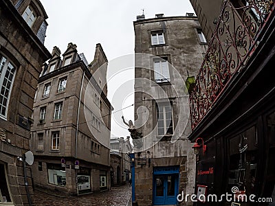 Editorial: 28th October 2019: St-Malo, France. Wet after autumn rain, the streets of Saint-Malo in Brittany. There are no people Editorial Stock Photo