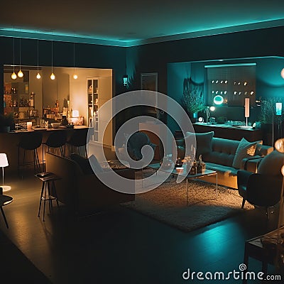 Editorial wide shot of a cool comfortable modern house room generative AI Stock Photo