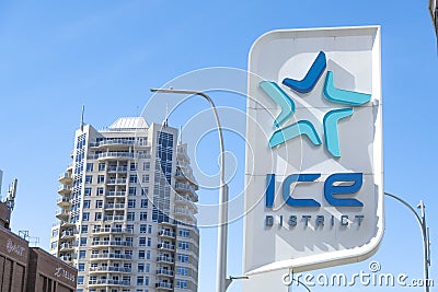 Close up front view to a sign at the ICE district at the Rogers Place Editorial Stock Photo