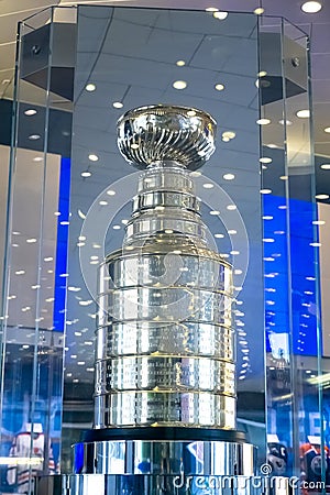 A Stanley Cup trophy at the Rogers Place Arena. Concept: NHL Stanley Cup Playoffs Editorial Stock Photo