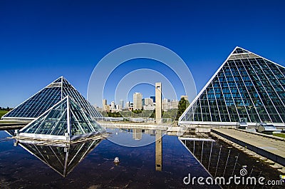 Edmonton Skyline Behind the Pyramids Stock Photo