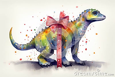 An Edmontosaurus wearing a bright polka dot ribbon. AI generation Stock Photo