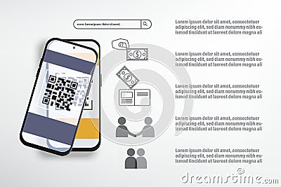 QR code scanning to conduct financial transactions or access information on Internet It is presented by two smartphones for displa Vector Illustration