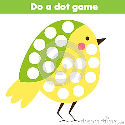 Eduational children game. Do a dot for kids and toddlers. Animals theme, cartoon bird Vector Illustration