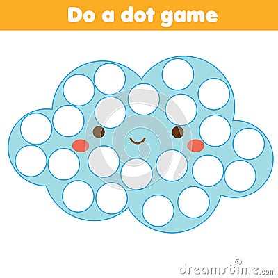 Eduational children game. Do a dot for kids and toddlers. Cute blue cloud Vector Illustration