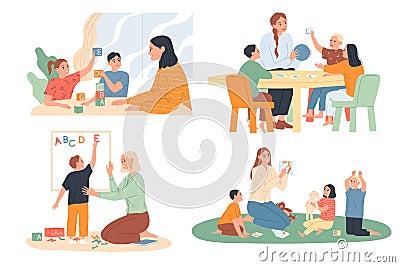 Educating and teaching children through play in kindergarten. Teachers or parents are involved with the kids Vector Illustration