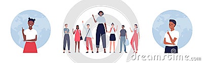 Education abroad and global child travel concept. Vector flat people illustration set. Group of multiethnic kids and african Vector Illustration
