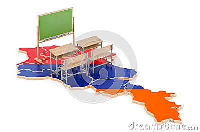 Education in Armenia, concept. School desks and blackboard on Armenia map. 3D rendering Stock Photo