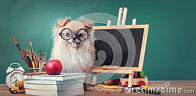 Education, Back to School concept with Cute puppies Pomeranian Mixed breed Pekingese dog Stock Photo