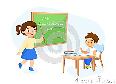 Education, Back to School Concept. Little Schoolboy Character Sitting at Desk with Textbooks and Notebooks Vector Illustration
