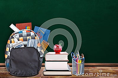 New Normal Back to School Classroom With Backpack, Books and Stationery Stock Photo