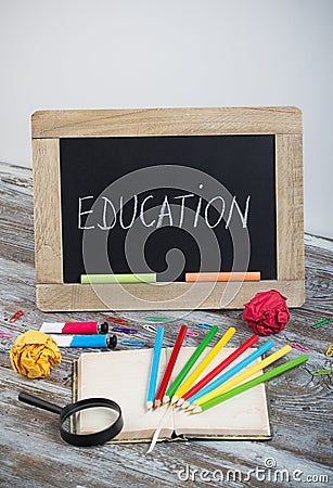 education background with special school supplies, end of holiday, new start Stock Photo