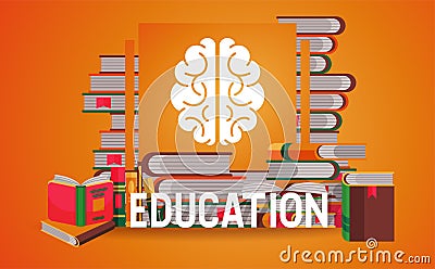 Education banner, poster vector illustration. Pile of books, open and closed. Knowledge, learning. Brain sign. Studying Vector Illustration