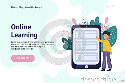 Education banner for website with a man choosing online teacher Vector Illustration