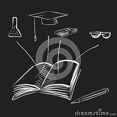 Education book illustration with opened book, toga hat and pencil Cartoon Illustration